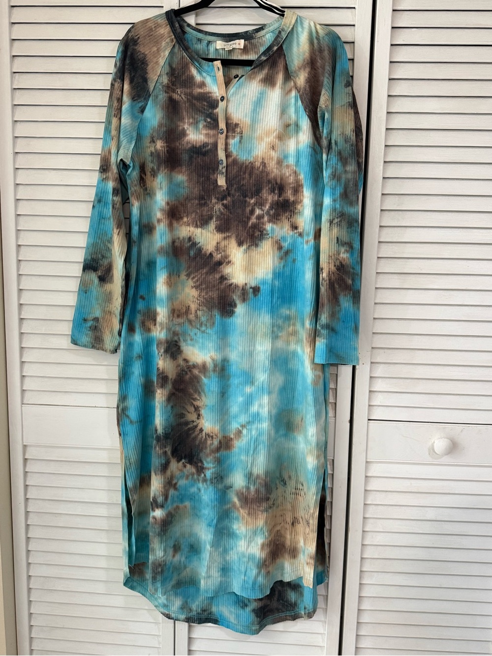 Umgee Blue Teal Brown Tie-Dye Ribbed Henley Dress sz XL PTP 25